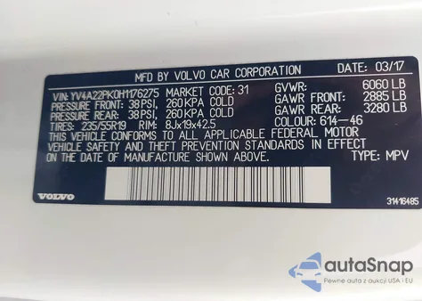 2017 Volvo Xc90 T6 Momentum z USA, uszkodzony, nr VIN YV4A22PK0H1176275